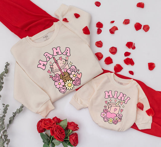 Retro Groovy Mama and Mini Valentine's Day Matching Sweatshirt Daughter Kid Baby Girl Romper Gift Neutral Boho
