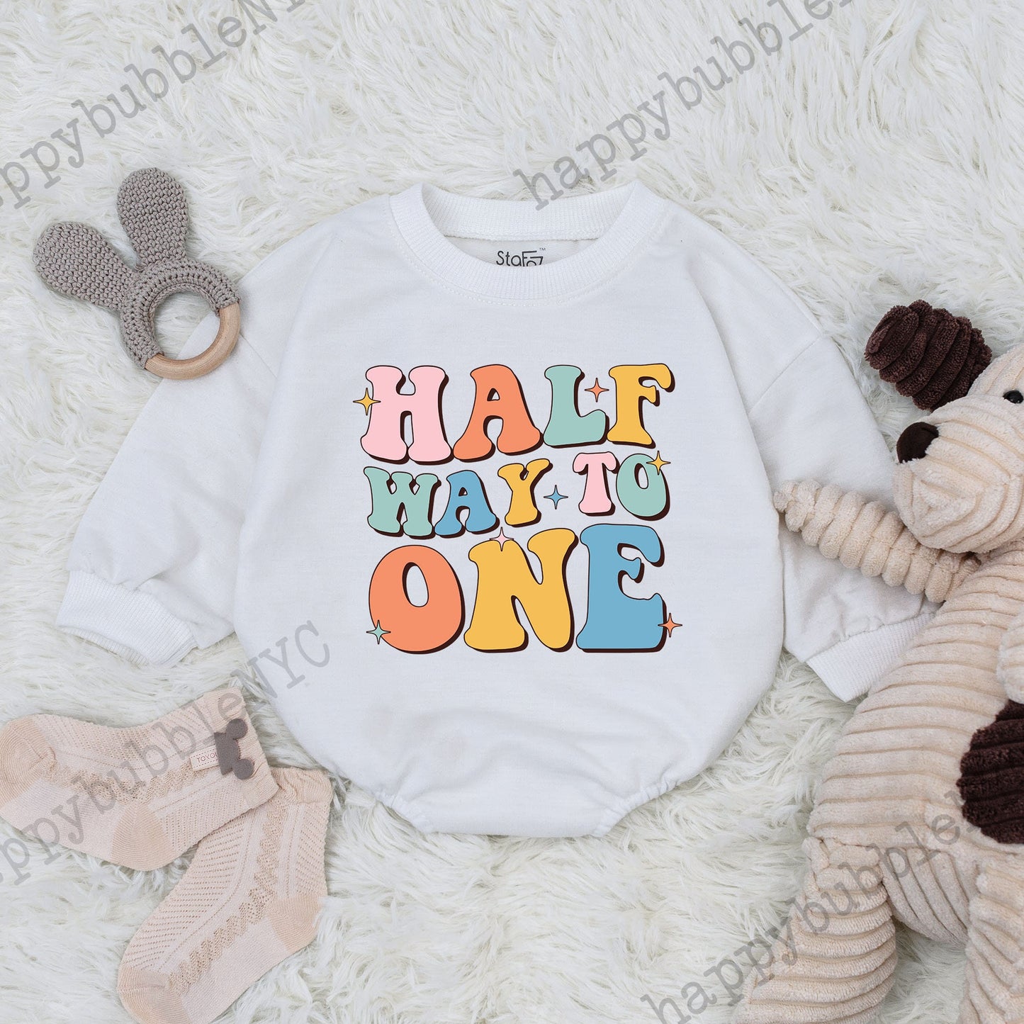 Half Way To One Birthday Bubble Romper Bodysuit Baby Outfit for Boy or Girl Adorable Newborn Infant Half Birthday Celebration Gift Idea