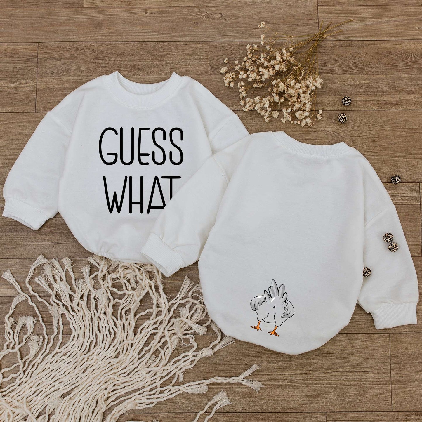 Guess What Chicken Butt Baby Romper Funny Gift for Baby Showers Gender Neutral Rae Dunn Style Farmhouse Cute Country Vibes