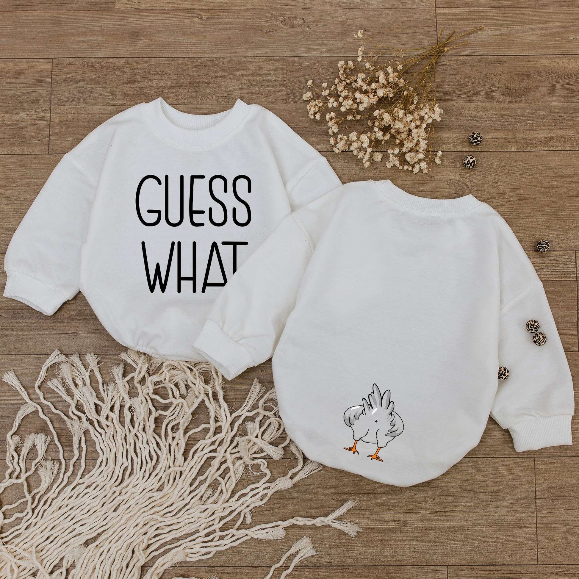 Guess What Chicken Butt Baby Romper Funny Gift for Baby Showers Gender Neutral Rae Dunn Style Farmhouse Cute Country Vibes