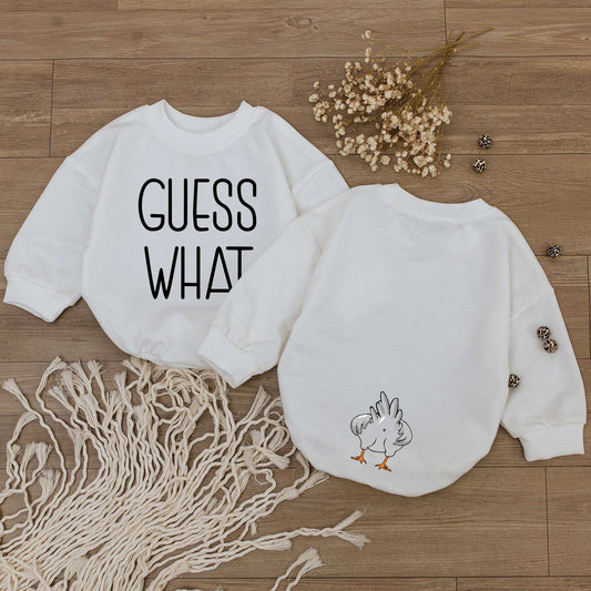Guess What Chicken Butt Baby Romper Funny Gift for Baby Showers Gender Neutral Rae Dunn Style Farmhouse Cute Country Vibes