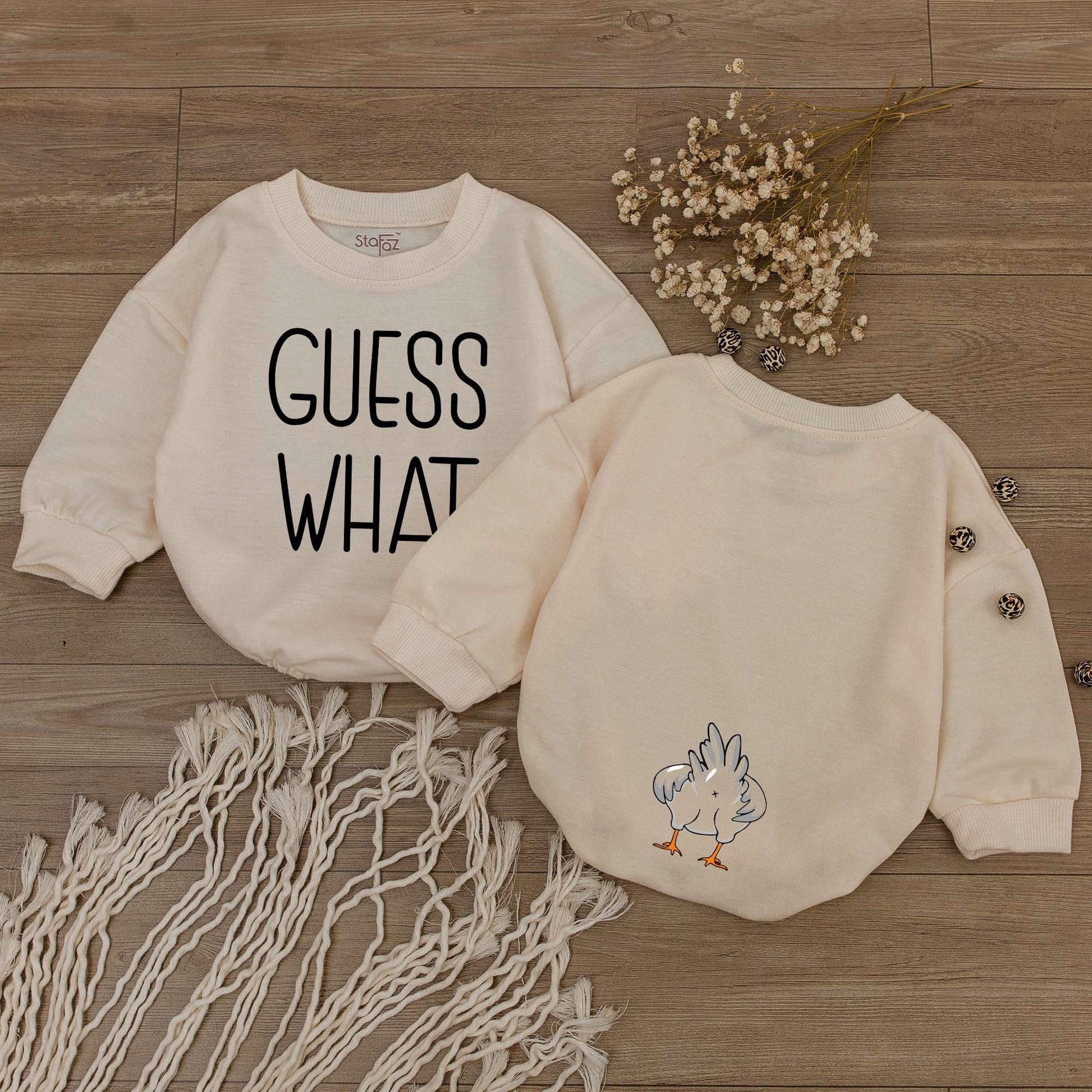 Guess What Chicken Butt Baby Romper Funny Gift for Baby Showers Gender Neutral Rae Dunn Style Farmhouse Cute Country Vibes