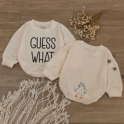 Guess What Chicken Butt Baby Romper Funny Gift for Baby Showers Gender Neutral Rae Dunn Style Farmhouse Cute Country Vibes
