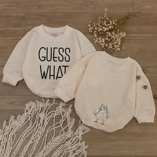 Guess What Chicken Butt Baby Romper Funny Gift for Baby Showers Gender Neutral Rae Dunn Style Farmhouse Cute Country Vibes