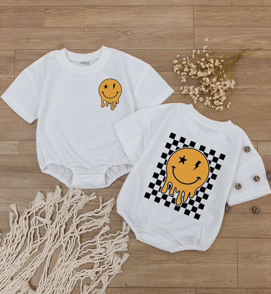 Happy Smiley Face Baby Romper Bodysuit Checkered Retro Style Infant Newborn Clothes Cute Kids Outfit First Birthday Baby Shower Gift