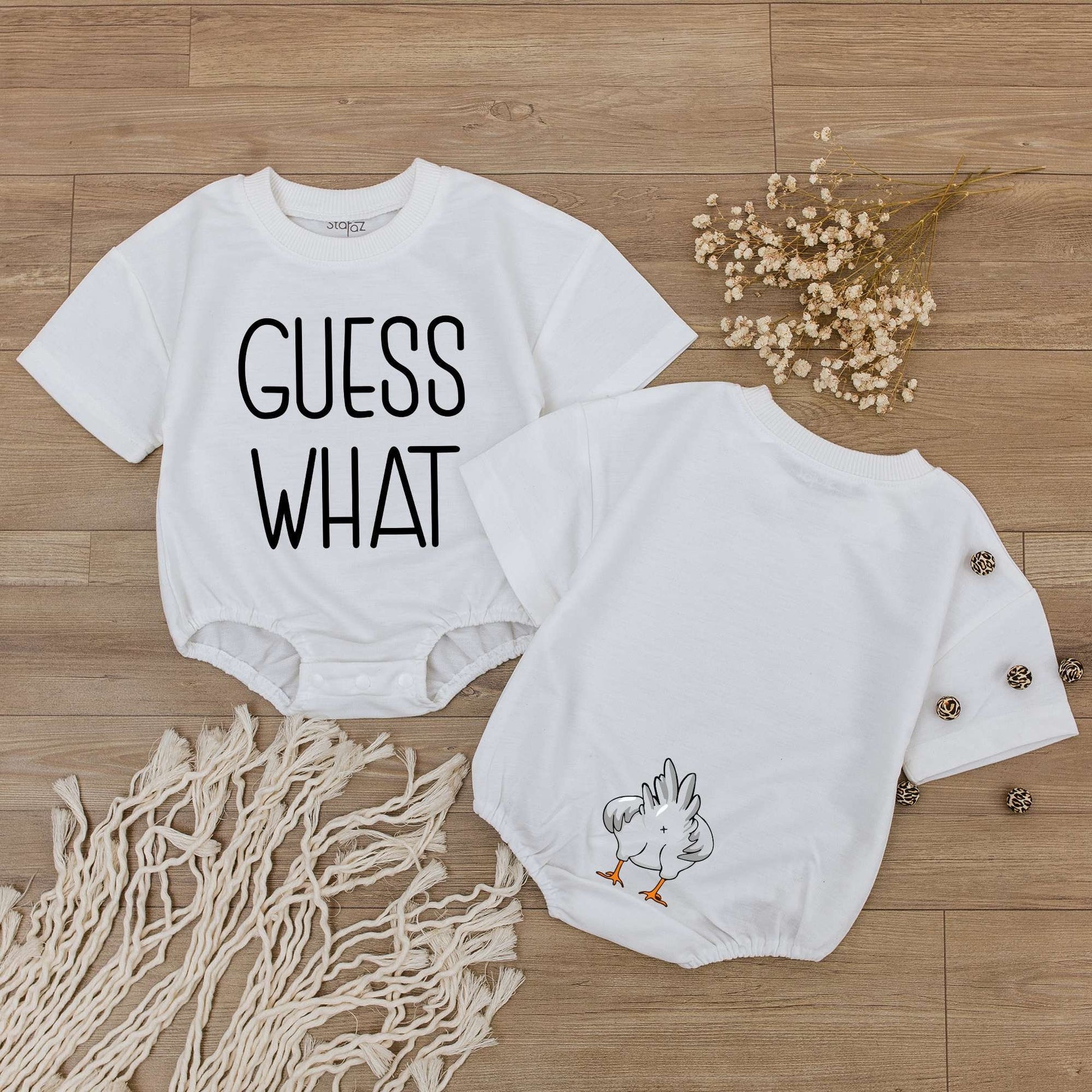 Guess What Chicken Butt Baby Romper Funny Baby Bodysuit Baby Shower Gift Gender Neutral Gift Rae Dunn Double Sided