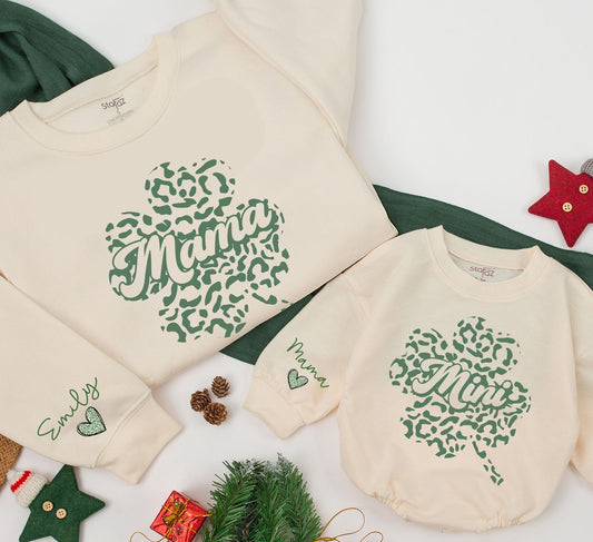 Leopard Leaf Mama and Mini Matching Sweatshirts, Cute Mom Daughter Outfits, St Patricks Day Mommy and Me, Baby Romper Gift, Soft Family Matching