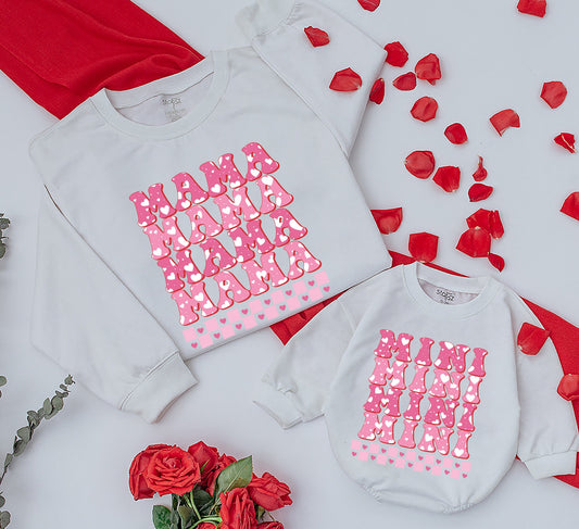Personalized Mama Mini Matching Valentine Sweatshirt Set with Playful Pink Bubble Heart Letters Cozy Mom Daughter Baby Girl Gift