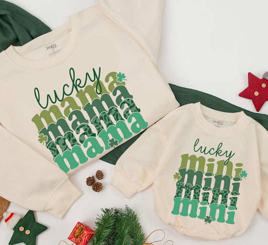Personalized Lucky Mama Mini Sweatshirt Saint Patricks Day Mommy and Me Matching Outfit Toddler Baby Romper Kids Gift