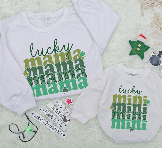 Personalized Lucky Mama Mini Sweatshirt Saint Patricks Day Mommy and Me Matching Outfit Toddler Baby Romper Kids Gift