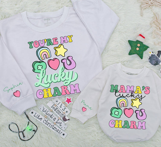 Personalized Mama & Me Lucky Charm St. Patrick's Day Sweatshirt & Baby Romper, Retro Whimsical Rainbow Heart Clover Design Gift