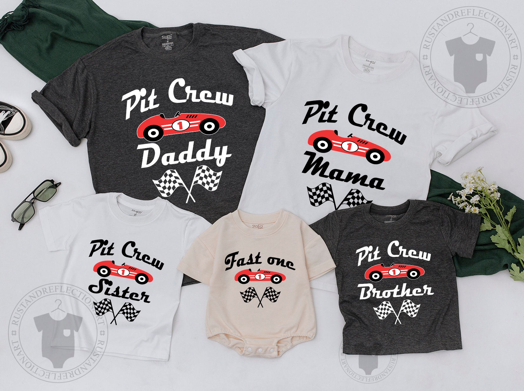 Mommy and Me Fast One First Birthday Race Car Shirts Family Matching Outfits Red Black White Graphic Playful Celebration Design