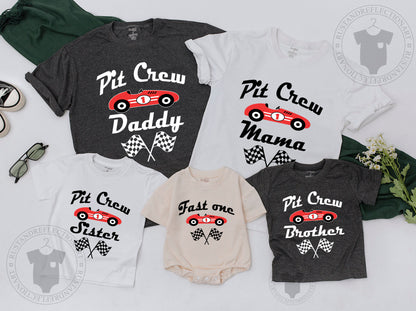 Mommy and Me Fast One First Birthday Race Car Shirts Family Matching Outfits Red Black White Graphic Playful Celebration Design