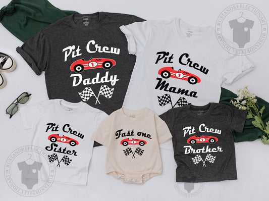 Mommy and Me Fast One First Birthday Race Car Shirts Family Matching Outfits Red Black White Graphic Playful Celebration Design