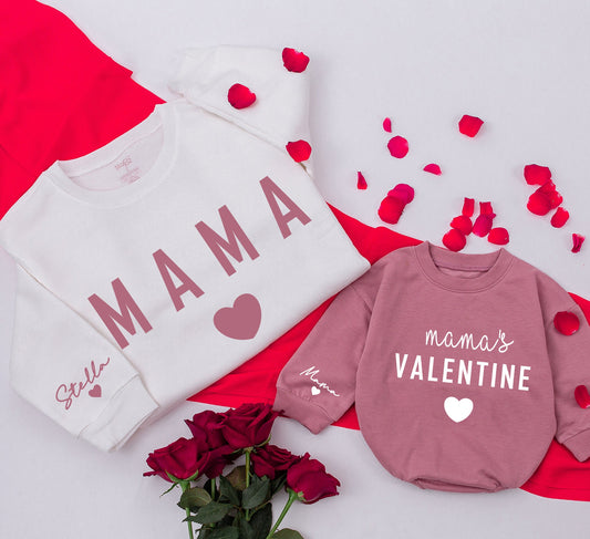 Matching Mama & Mini Valentine's Day Sweatshirts, Retro Hearts Design, Mom & Daughter Gift, Baby Romper Option, Family Outfit