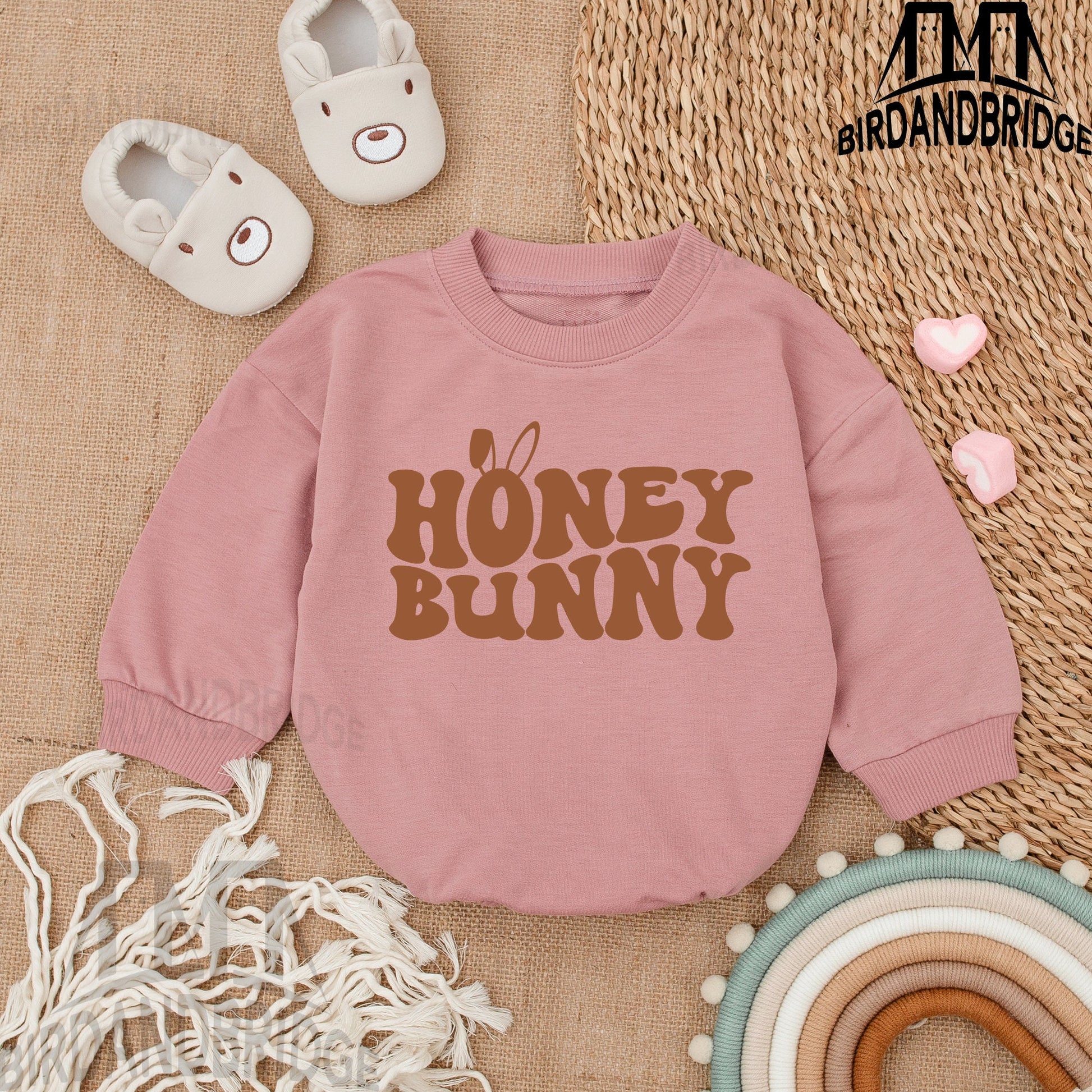 Honey Bunny Sweatshirt Bubble Romper for Baby Boys with Retro Brown Print - Adorable Easter Outfit Newborn Clothes