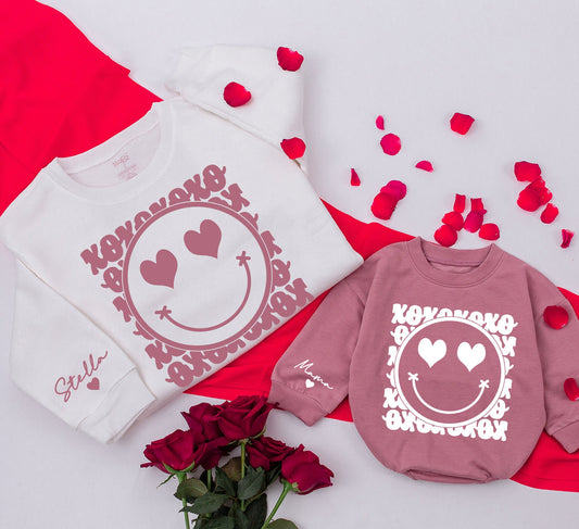 Personalized Retro XOXO Smile Face Sweatshirt Cute Valentine Mama and Me Matching Outfit Custom Name Cozy Love Sweater Valentine's Day Gift