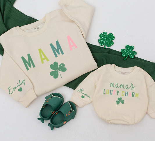 Personalized Retro Mama and Me Lucky Charm Matching Sweatshirt and Baby Romper Set for Mom Daughter Family Outfit Gift Idea Comfortable
