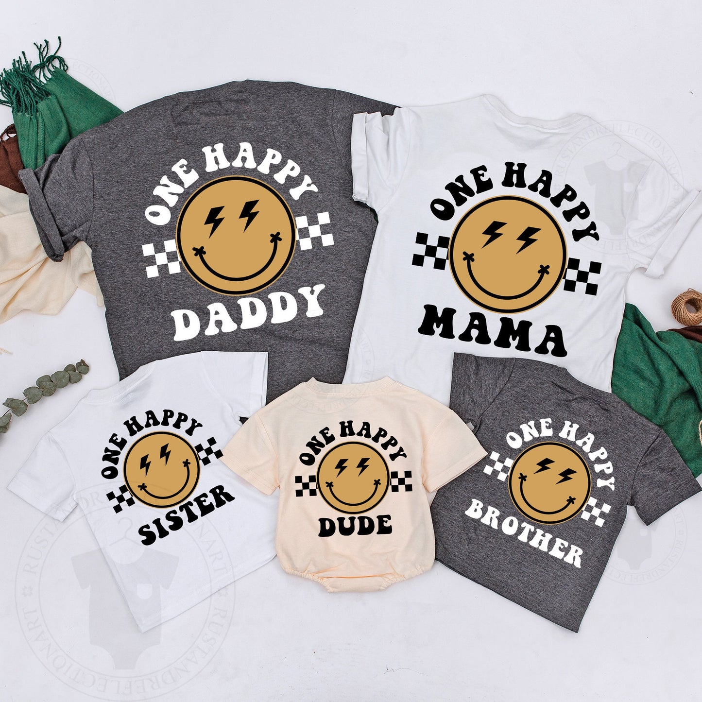 Matching First Birthday Outfit: Happy Dude Romper & Family Shirts