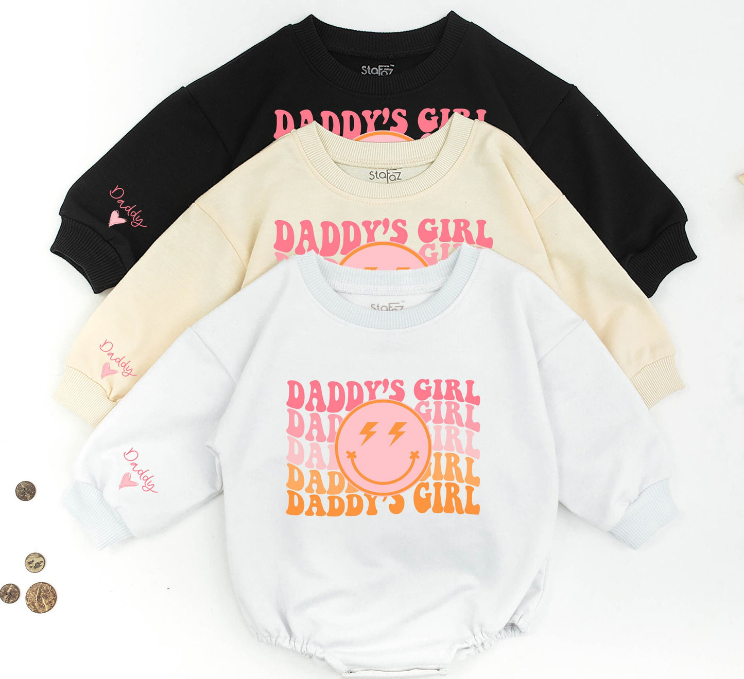 Retro Girl Daddy Sweatshirt Set - Matching Dad & Baby Outfit with Smiley Face, Lightning Bolts, & Custom Sleeves (John & Daddy) - Pink and Orange