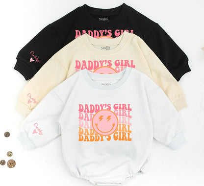 Retro Girl Daddy Sweatshirt Set - Matching Dad & Baby Outfit with Smiley Face, Lightning Bolts, & Custom Sleeves (John & Daddy) - Pink and Orange