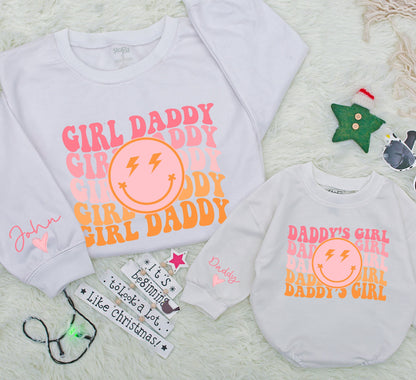 Retro Girl Daddy Sweatshirt Set - Matching Dad & Baby Outfit with Smiley Face, Lightning Bolts, & Custom Sleeves (John & Daddy) - Pink and Orange