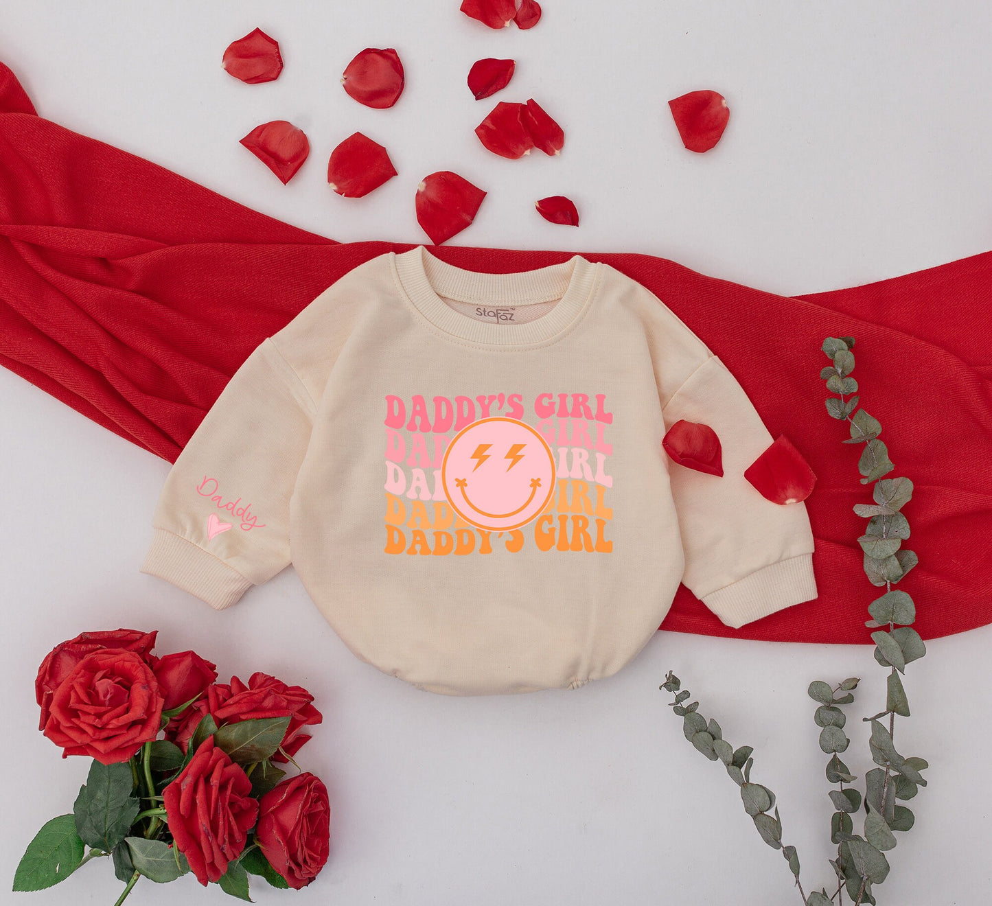Retro Girl Daddy Sweatshirt Set - Matching Dad & Baby Outfit with Smiley Face, Lightning Bolts, & Custom Sleeves (John & Daddy) - Pink and Orange