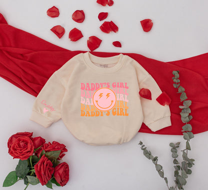Retro Girl Daddy Sweatshirt Set - Matching Dad & Baby Outfit with Smiley Face, Lightning Bolts, & Custom Sleeves (John & Daddy) - Pink and Orange