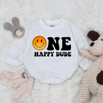 One Happy Dude 1st Birthday Romper Smiley Face Outfit Cool Baby Boy Clothes Family Matching First Birthday Party Gift