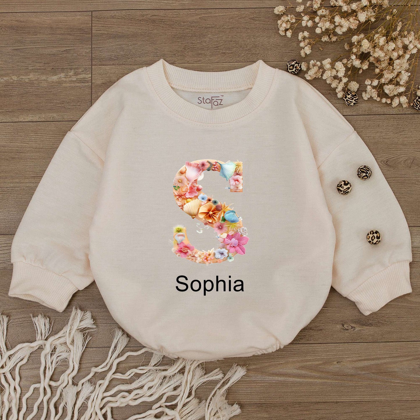 Personalized Baby Girl Initial Name Romper Soft Seashell Floral Design Bodysuit Newborn Outfit Baby Shower Gift Clothes
