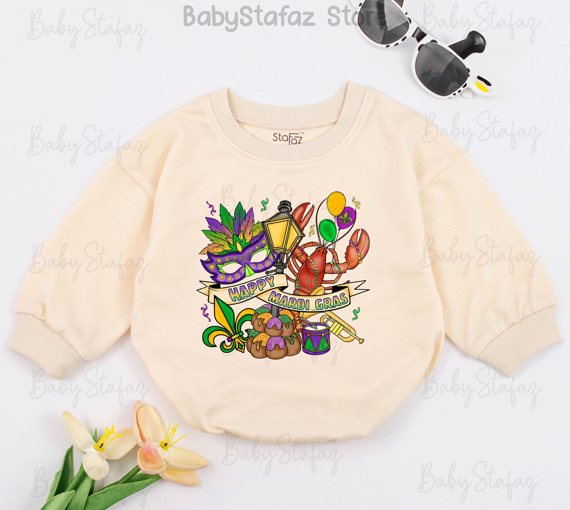 Happy Mardi Gras Baby Romper Outfit with Purple Mask, Fleur-de-lis & King Cake for Parade Celebrations, Louisiana First Costume Bodysuit, Shower Gift (139 chars)