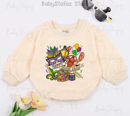 Happy Mardi Gras Baby Romper Outfit with Purple Mask, Fleur-de-lis & King Cake for Parade Celebrations, Louisiana First Costume Bodysuit, Shower Gift (139 chars)