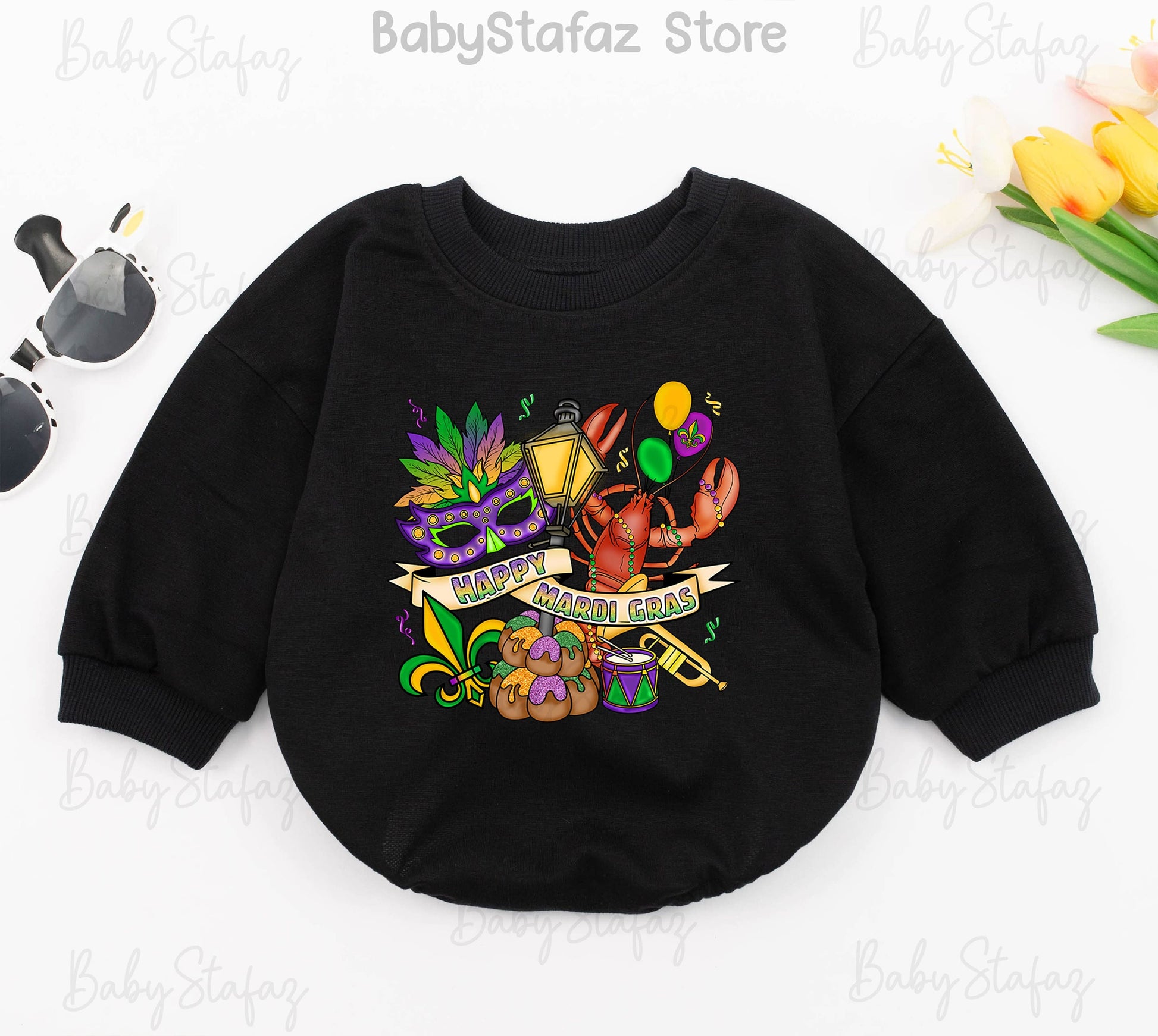 Happy Mardi Gras Baby Romper Outfit with Purple Mask, Fleur-de-lis & King Cake for Parade Celebrations, Louisiana First Costume Bodysuit, Shower Gift (139 chars)