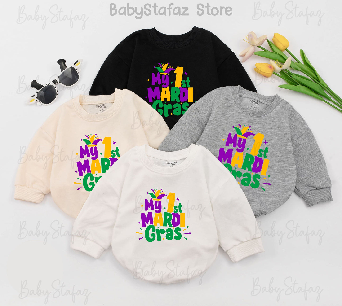My First Mardi Gras Baby Romper, Cheerful Jester Design, Purple, Green, Gold Outfit for Baby, Parade Ready, Cute Newborn Clothes, Louisiana Gift (139 chars)