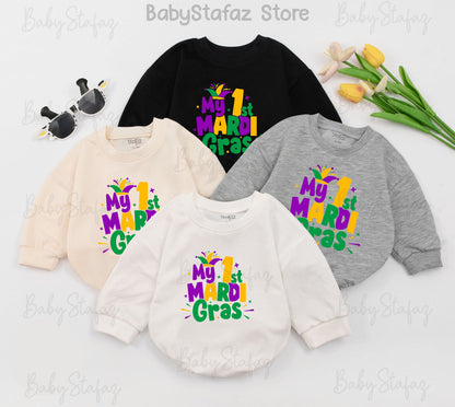 My First Mardi Gras Baby Romper, Cheerful Jester Design, Purple, Green, Gold Outfit for Baby, Parade Ready, Cute Newborn Clothes, Louisiana Gift (139 chars)