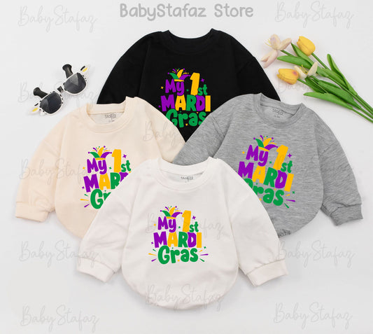 My First Mardi Gras Baby Romper, Cheerful Jester Design, Purple, Green, Gold Outfit for Baby, Parade Ready, Cute Newborn Clothes, Louisiana Gift (139 chars)