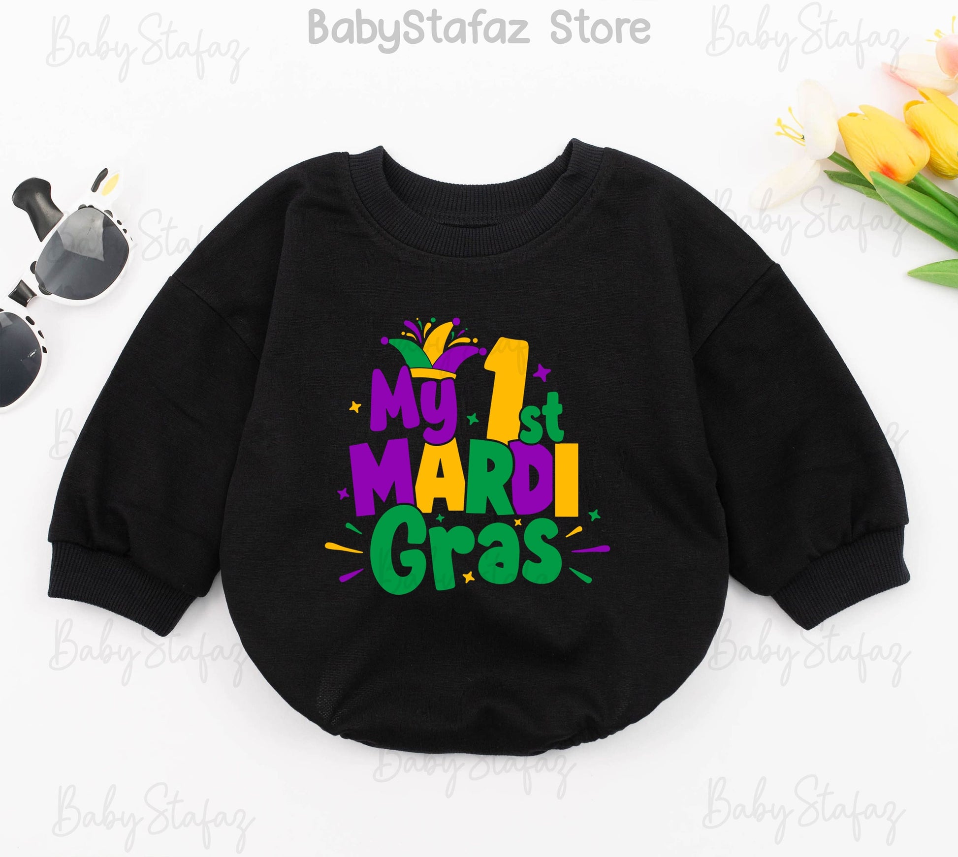 My First Mardi Gras Baby Romper, Cheerful Jester Design, Purple, Green, Gold Outfit for Baby, Parade Ready, Cute Newborn Clothes, Louisiana Gift (139 chars)
