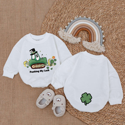 St Patrick's Day Baby Romper with Pushing My Luck Bulldozer Design Green Shamrocks Pot of Gold Leprechaun Hat Light Mauve Newborn Outfit