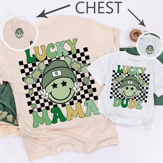 Lucky Mama & Dude Matching Shirts Retro St. Patrick's Day Smiley Face Outfit Toddler Tee Set Family Birthday Matching Tops Irish Kid Style