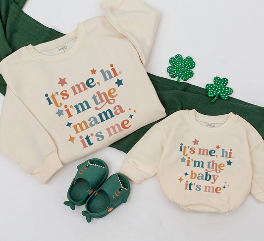Matching Mama Baby It's Me Hi I'm The Baby Retro Sweatshirt Romper Set Funny Newborn Toddler Kids Outfit Groovy Vintage Neutral Gift