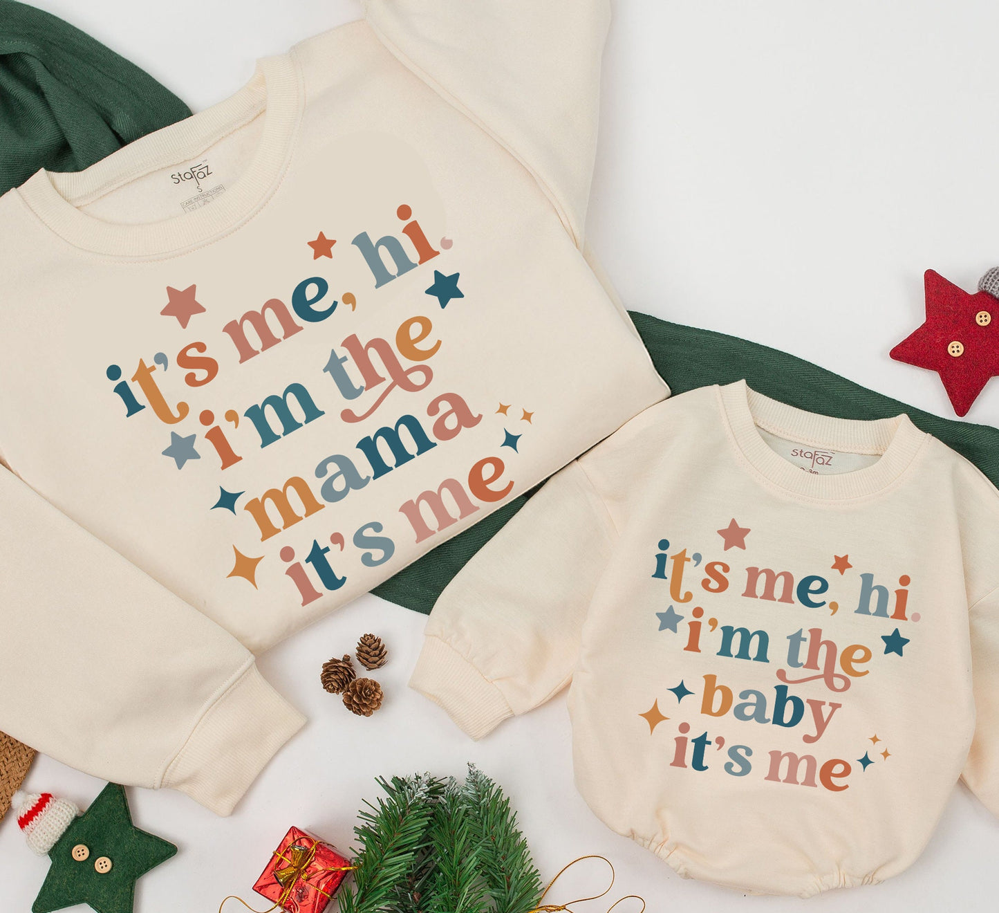 Matching Mama Baby It's Me Hi I'm The Baby Retro Sweatshirt Romper Set Funny Newborn Toddler Kids Outfit Groovy Vintage Neutral Gift