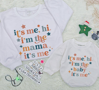 Matching Mama Baby It's Me Hi I'm The Baby Retro Sweatshirt Romper Set Funny Newborn Toddler Kids Outfit Groovy Vintage Neutral Gift