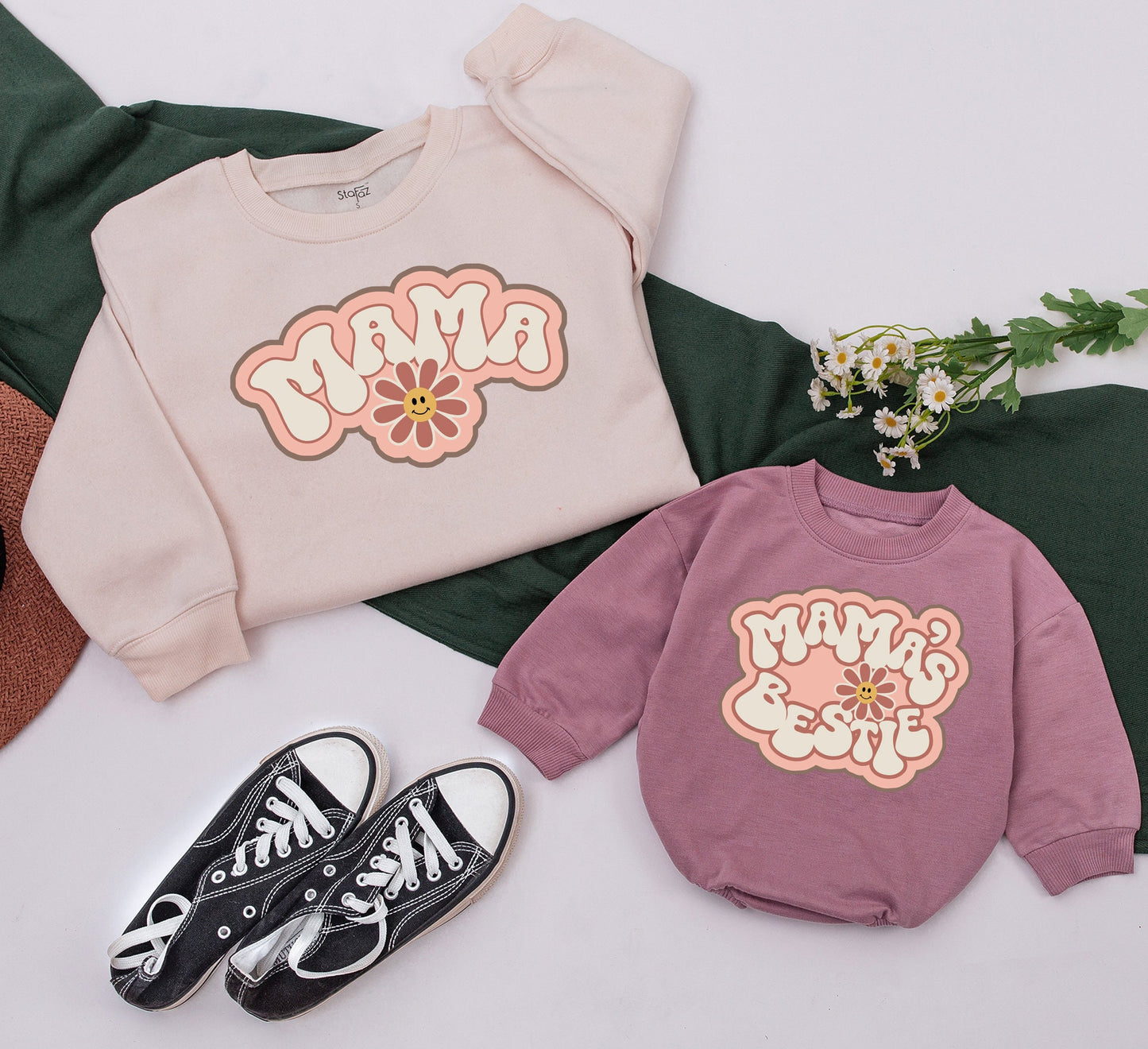 Personalized Mama and Mini Retro Groovy Matching Sweatshirt Mother Daughter Mommy and Me Comfortable Bestie Toddler Romper Outfit Gift