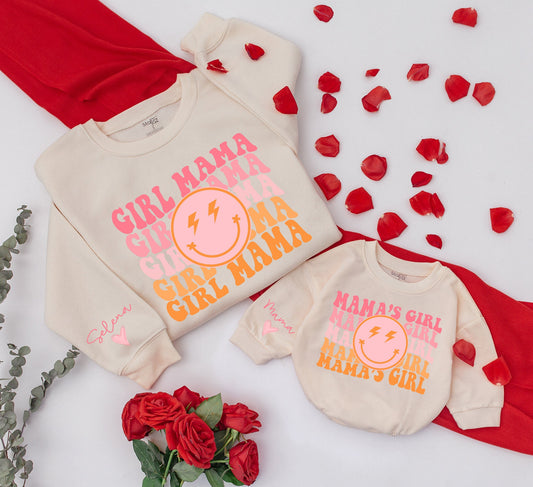 Personalized Retro Groovy Mama & Mama's Girl Matching Sweatshirt & Romper Set for Mom Daughter Family Outfits Baby Toddler Kid Mother's Day Gift