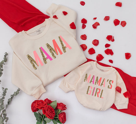Custom Mama and Mini Leopard Matching Sweatshirts Retro Mom Daughter Outfits Cozy Baby Romper Gift