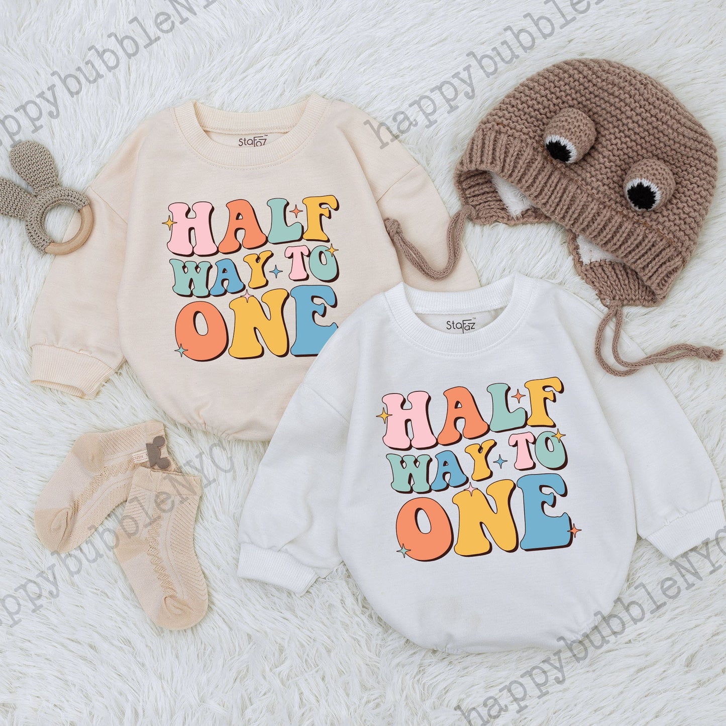 Half Way To One Birthday Bubble Romper Bodysuit Baby Outfit for Boy or Girl Adorable Newborn Infant Half Birthday Celebration Gift Idea