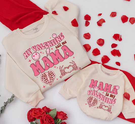 Personalized Mama and Baby Matching Valentine Sweatshirt Retro Heart Daughter Kid Outfit Comfortable Cozy Romper Gift