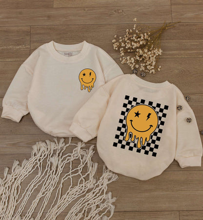 Retro Smiley Face Baby Romper Happy Face Bodysuit Cute Kids Outfit Checkered Sweatshirt Baby Shower Gift Newborn Clothes
