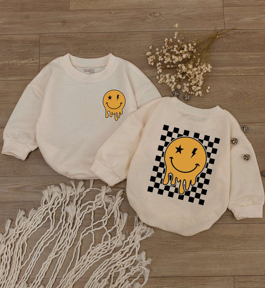 Retro Smiley Face Baby Romper Happy Face Bodysuit Cute Kids Outfit Checkered Sweatshirt Baby Shower Gift Newborn Clothes