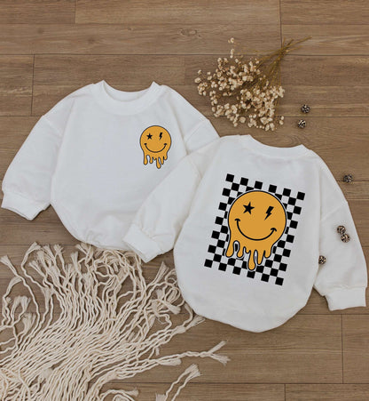 Retro Smiley Face Baby Romper Happy Face Bodysuit Cute Kids Outfit Checkered Sweatshirt Baby Shower Gift Newborn Clothes